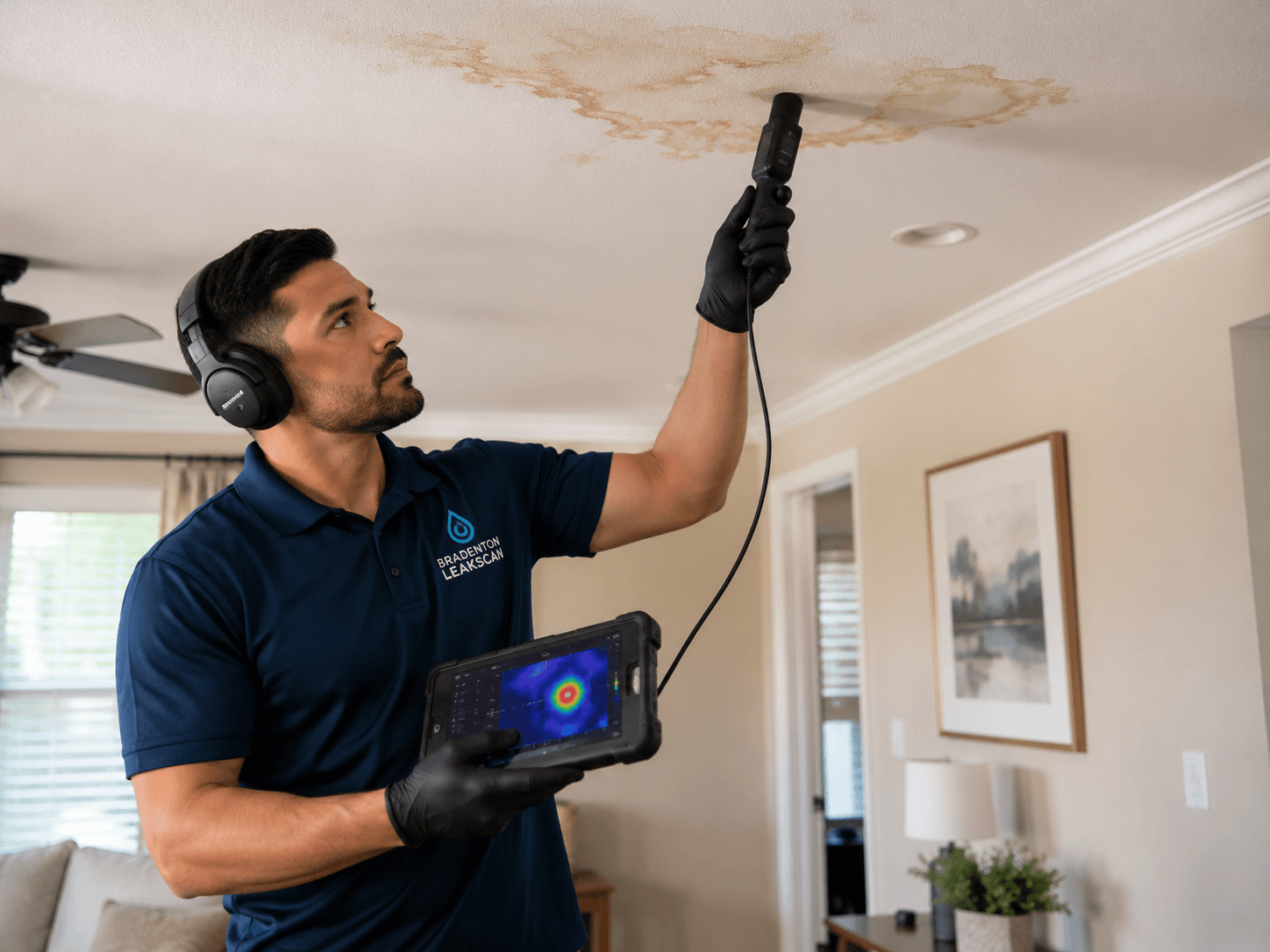 Bradenton LeakScan technician inspecting a ceiling water stain with leak detection equipment