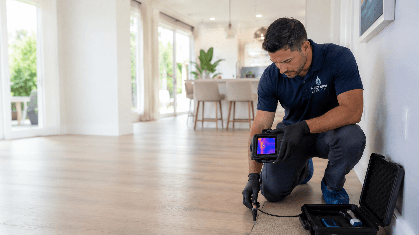 Bradenton LeakScan technician using a thermal imaging camera to find a hidden water leak inside a bright Florida home